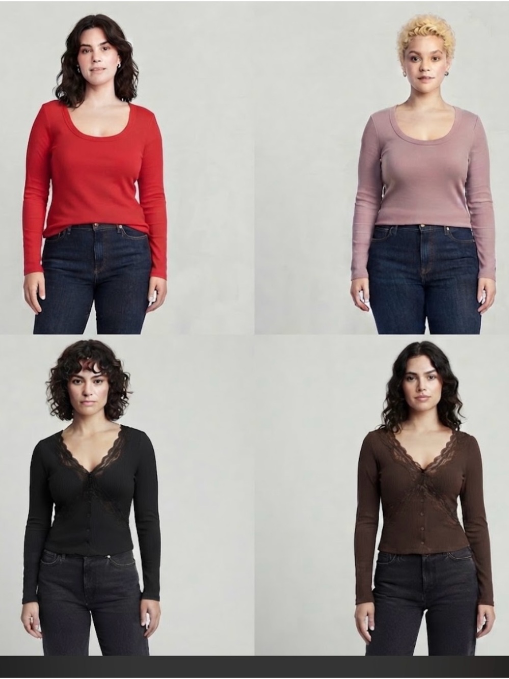 Old Navy Long-Sleeve Scoop & Lace-Trim Tops — Red, Mauve, Black, Brown